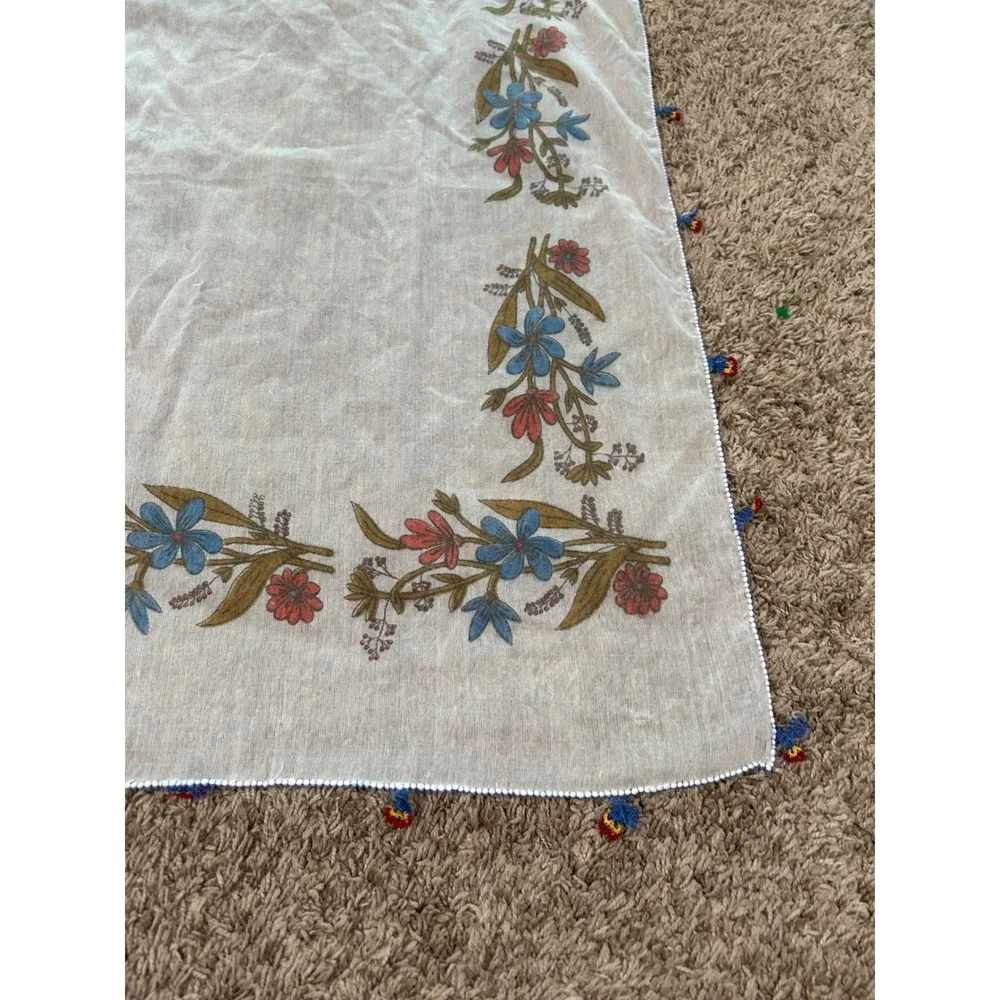 Vintage Floral Square Head Scarf White Sheer Tassel Boho Prarie Cottagecore
